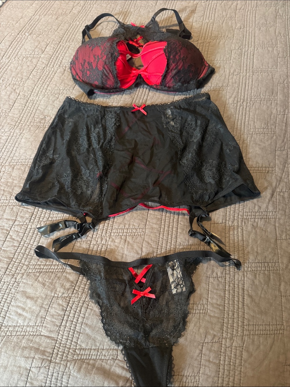 Adore Me Black & Red Lace 3-Piece Lingerie Set Bra Garter Skirt Panty
